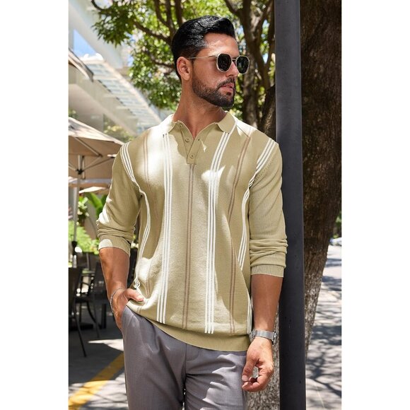 Men's Knit Polo Sweater Long Sleeve Striped Thermal Button Collar Sweater Khaki - Picture 7 of 7